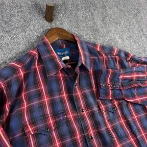 Wrangler Western Plaid Shirt Mens Long Sleeve Button Up Red Blue Cowboy